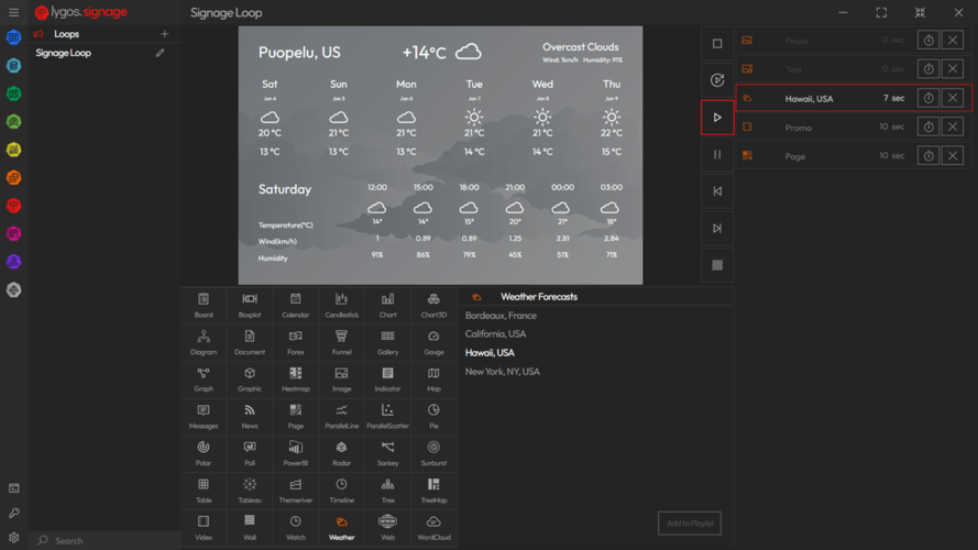 lygos signage editor with image, weather, video and page apps