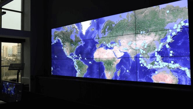 world map with icon layer on video wall